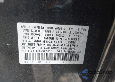 2005 Acura Tsx from USA, damaged, VIN JH4CL96805C003037
